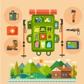 Traveler backpack. House in the forest Royalty Free Stock Photo