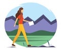 Traveler with a backpack and a map in her hand. Woman walking along the mountains and forests. Vector illustration in Royalty Free Stock Photo