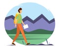 Traveler with a backpack and a map in his hand. Man walking along the mountains and forests. Vector illustration in flat Royalty Free Stock Photo