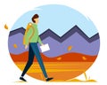 Traveler with a backpack and a map in his hand. Man walking along the mountains and forests. Autumn vector illustration Royalty Free Stock Photo