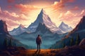 Traveler with backpack standing on top of the mountain. 3D rendering, A young man looking at a big beautiful mountain that he is Royalty Free Stock Photo