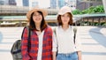 Traveler backpacker Asian women lesbian lgbt couple travel in Bangkok, Thailand. Happy young female spending holiday trip at Royalty Free Stock Photo