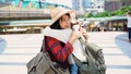 Traveler backpacker Asian women lesbian lgbt couple travel in Bangkok, Thailand. Happy young female spending holiday trip at Royalty Free Stock Photo