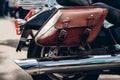 Traveler bag for motorcycle made of leather, brown. Concept freedom of movement