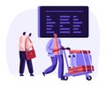 Traveler with Baggage Watch Flights Schedule on Airport Timetable. Airplane Vacation Travel Concept with Man Characters Luggage