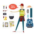 Traveler with big backpack hiking and travel gear in a cartoon style flat. Boy hitchhiking. Young man hitchhiking deals Royalty Free Stock Photo