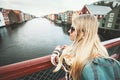 Traveler blonde woman sightseeing Trondheim city
