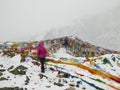 Traveler braving heavy snowfall, walks past Tibetan prayer flags marking highest point of Drolma La Pass 5640m, Kailash, Tibet
