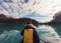 Traveler canoeing on Maligne lake in Spirit island at Jasper national park Royalty Free Stock Photo