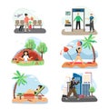 Traveler cartoon characters, flat vector illustration. Beach vacation. Yoga retreat. City travel. Airport security check