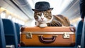 Traveler cat at airport, private jet awaits. Cat adorned with stylish hat sits atop suitcase, evoking sense of