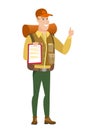 Traveler with clipboard giving thumb up.