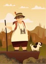 A traveler with a dog in the mountains. Hiking