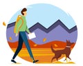 Traveler with the dog walking along the mountains and forests. Vector illustration. Royalty Free Stock Photo