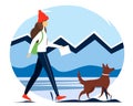 Traveler with the dog walking along the mountains and forests. Vector winter illustration. Royalty Free Stock Photo