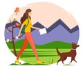 Traveler with the dog walking along the mountains and forests. The concept of active holiday in nature. Royalty Free Stock Photo