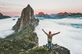 Traveler enjoying sunset Segla mountain hiking adventure Royalty Free Stock Photo