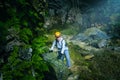 Traveler explores beautiful Hang Tien Cave in Phong Nha Ke National Park Vietnam