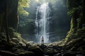 Traveler exploring hidden waterfall in secluded forest. Generative AI