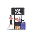 Traveler Female Character Claim her Bag in Lost and Found Luggage Office in Airport. Happy Passenger Lose Baggage Royalty Free Stock Photo