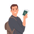 Traveler fun young teen boy student man wear casual clothes backpack bag hold passport ticket show thumb up