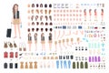 Traveler girl constructor or DIY kit. Bundle of female tourist body parts, postures, clothing, touristic equipment