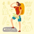 Traveler girl with a large backpack and map