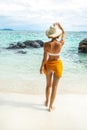 Traveler girl relaxing on a tropical beach, in nature. Summer vacations. Back view of beautiful woman in swimsuit and hat spending Royalty Free Stock Photo