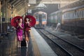 Traveler girl walking and waits train on railway platform