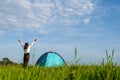 Traveler having camping with tent on field