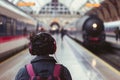 traveler with headphones on highspeed train platform