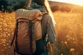 Traveler hiker camper woman wearing Big Trekking Backpack. Rear view. Blooming meadow blurred background. Hiking, trekking,