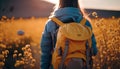 Traveler hiker camper woman wearing Big Trekking Backpack. Rear view. Blooming meadow blurred background. Hiking