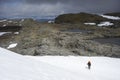 Traveler hikes through Hardangervidda Park in Norway in summer