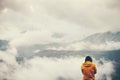 Traveler hiking enjoy cloudy foggy mountains landscape