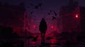 a traveler and his crow exploring the abandoned streets of a city at night, a surreal ambiance with neon lights, AI-generated