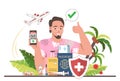 Traveler holding smartphone with coronavirus vaccine passport on screen, flat vector illustration. Immunity certificate.