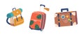 Traveler Items Icons Backpack, Suitcase and Luggage with Stickers Isolated on White Background. Luggage and Baggage