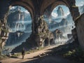 Traveler journeys through the high mountains, he is enchanted by the captivating architecture nestled amid the rugged terrain,