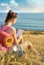 The traveler keeps a diary in the hike Royalty Free Stock Photo