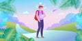 Traveler with laptop walking in the park. Vector flat cartoon illustration.