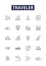 Traveler line vector icons and signs. Tourist, Pilgrim, Wanderer, Vagabond, Explorer, Trekker, Excursionist, Tripper Royalty Free Stock Photo