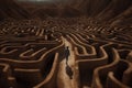 traveler, lost in a maze of abstract and surreal landscapes, with no visible way out