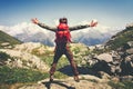 Traveler Man with backpack jumping hands raised Royalty Free Stock Photo