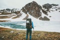 Traveler Man with big backpack mountaineering Royalty Free Stock Photo
