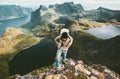 Traveler man exploring mountains in Norway Royalty Free Stock Photo