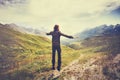 Traveler Man jumping with mountains landscape on background Royalty Free Stock Photo