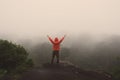 Traveler Man raised hands standing on cliff mountains adventure travel lifestyle concept summer vacations Royalty Free Stock Photo