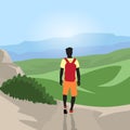 Traveler Man Silhouette Hiking Mountain Top Valley Rear View Royalty Free Stock Photo