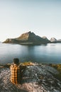 Traveler Man sitting alone admiring sea and mountains view Royalty Free Stock Photo